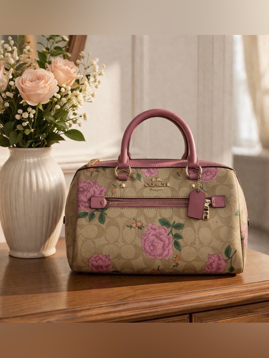 Coach Handbags - COACH Pink Floral Signature Canvas Satchel with Rose Trim